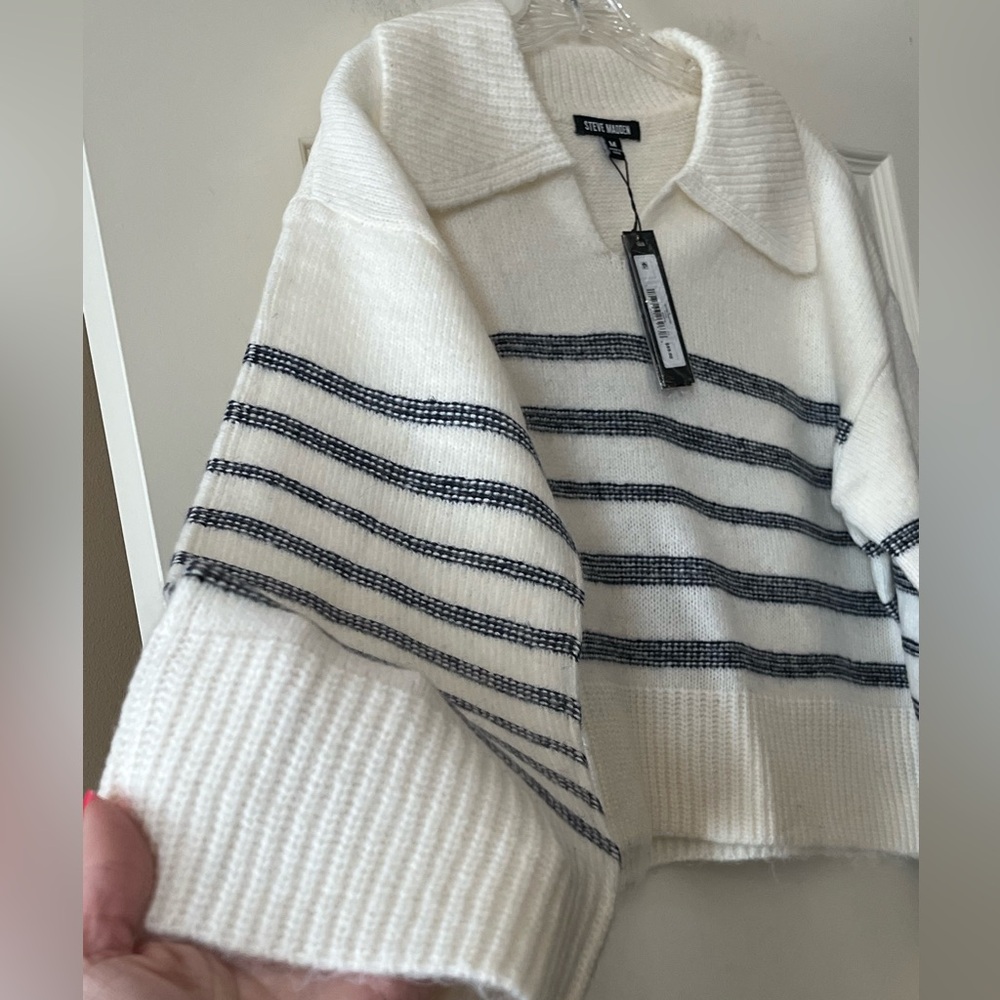 Steve Madden Navy and White Designer Collar Striped Sweater Women’s Medium - Picture 9 of 15